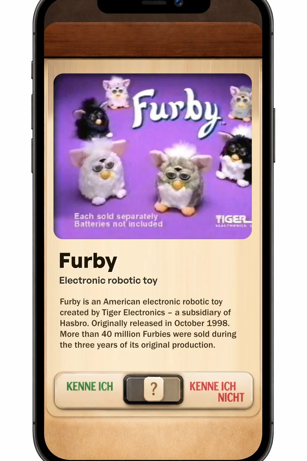 Mobile application showing furby card swipable